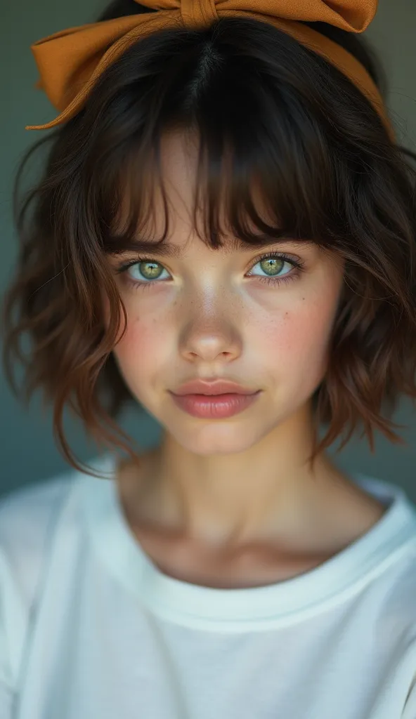 Epic analog RAW 8K photographic portrait of ultra-realism and very high definition, close up of a young girl with short WAVY hair, bow with fringe, penetrating and expressive green eyes, flawless skin and soft makeup highlighting her natural features. WHIT...