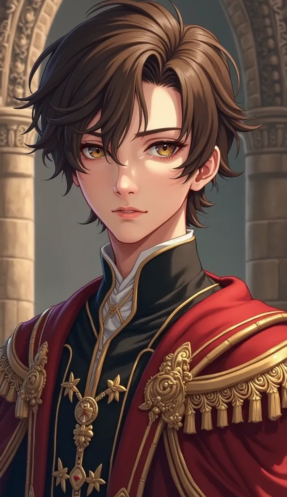 Young prince medium brown haired realistic medieval anime style 