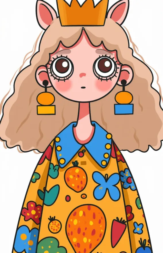 Flat wind ，  cartoon，  elementary school ，smile, Big eyes， with cute face colors，  horse face， Minimum ， women's shirt with big collar，neatly dressed ， Autumn ，white background