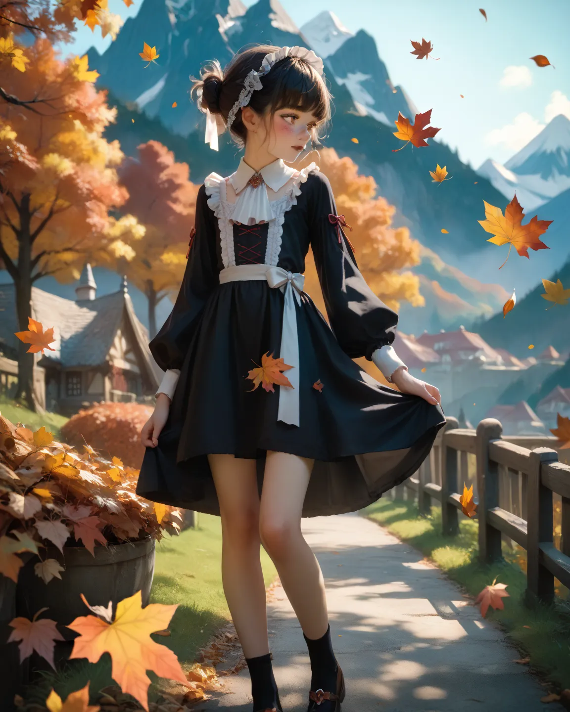 high image quality during sick leave　 with cute face　Narrow eyes　very short hair　 Cute Hairstyle 　 petite body　embarrassed expression　SMALL FLAT CHEST　hairy pussy in a haunted mansion　 Japanese Autumn Scenery　black dress　Pee outside in a mountain of fall f...