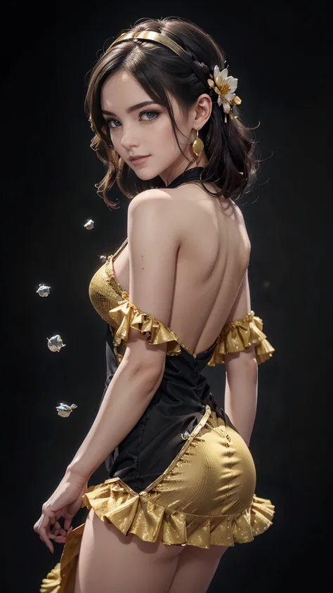 Jolbria,  Angel Wings,  Fantastic、beautiful woman, (Photorealistic), backlight, black background, black  dress, black  gloves,   black hair, smile, cowboy shooting,  dress, earrings, floating hair,  gloves, gold earrings, gold Hairband, hair flower, hair a...