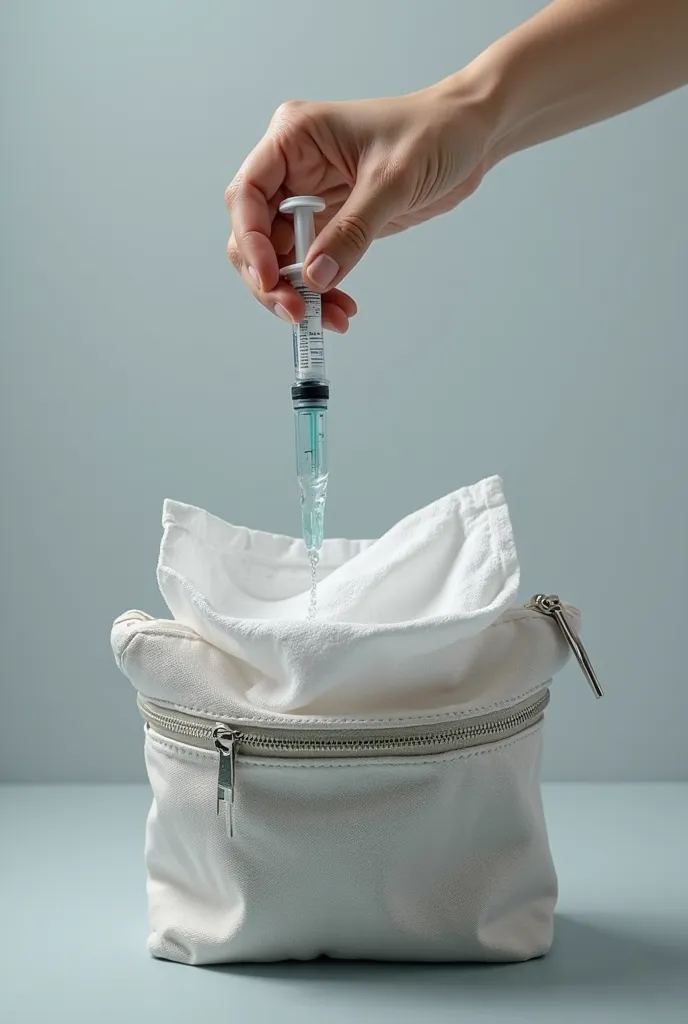 Pour physiological serum with the help of a syringe onto the gauze In a waist bag 