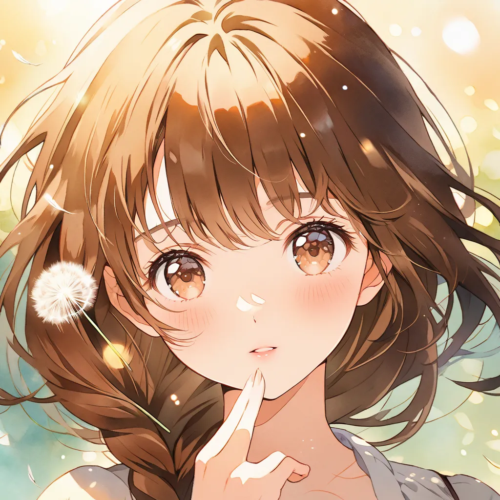 close-up anime-style illustration of a beautiful young woman with soft brown eyes and delicate features, holding a dandelion close to her lips, gently preparing to blow its seeds into the wind, her long brown hair softly braided with loose strands framing ...