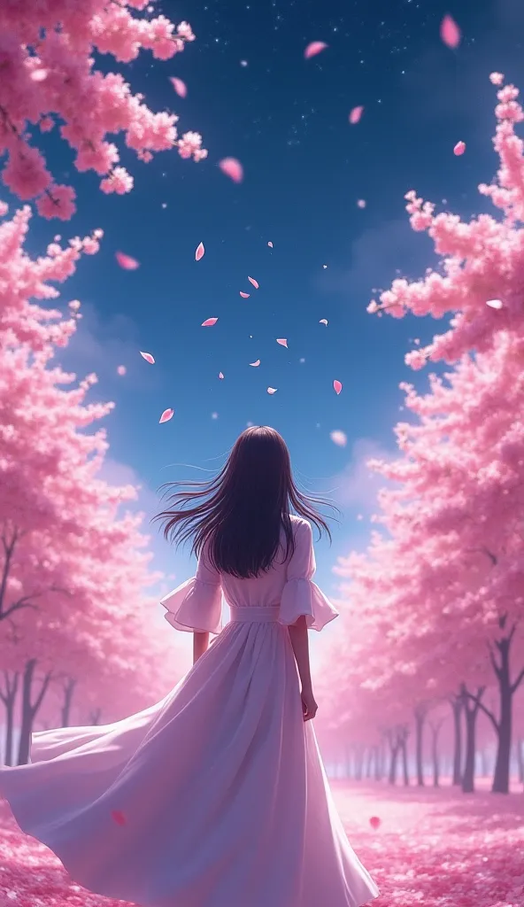 cherry blossoms dance all over　 Fantastic　A cute and beautiful woman is taking notes。facing forward。桜 petals舞い散る　 petals　night sky
A starry sky full of stars　Soul Level 4K,HDR,real,Fine,professional,vivid color,depth of writing

