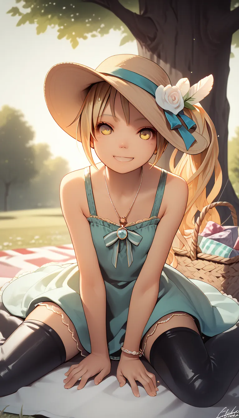 (Score9_up,Score8_up,Score7_up, masterpiece, anatomically correct, ultra high quality, perfect lighting, extremely detailed, add details, 4K resolution),  BREAK, 1girl, solo,smile,happy, expressive eyes, sitting, on a picnic, picnic basket, outdoor, under ...