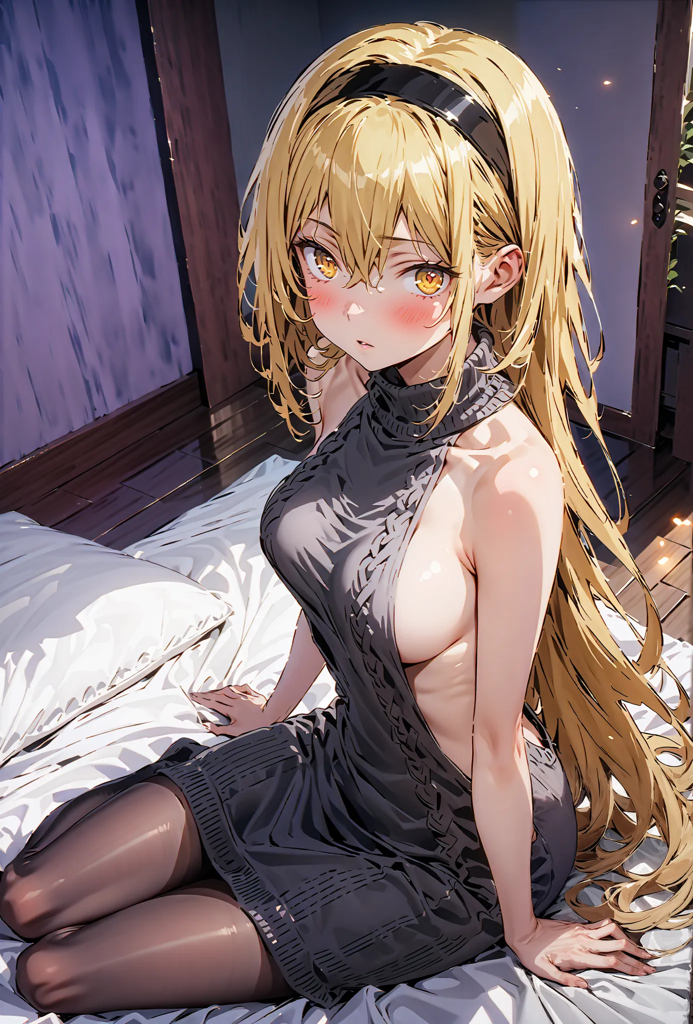 score_9, score_8_up, score_7_up,  source_anime,
Eyes Wallenstein, Eyes Wallenstein, blonde hair, hair between eyes, Hairband, long hair, yellow eyes, Medium breast,blush,
Virgin Killer Sweater, Naked Sweater, sweater dress, Open back clothing, turtleneck s...