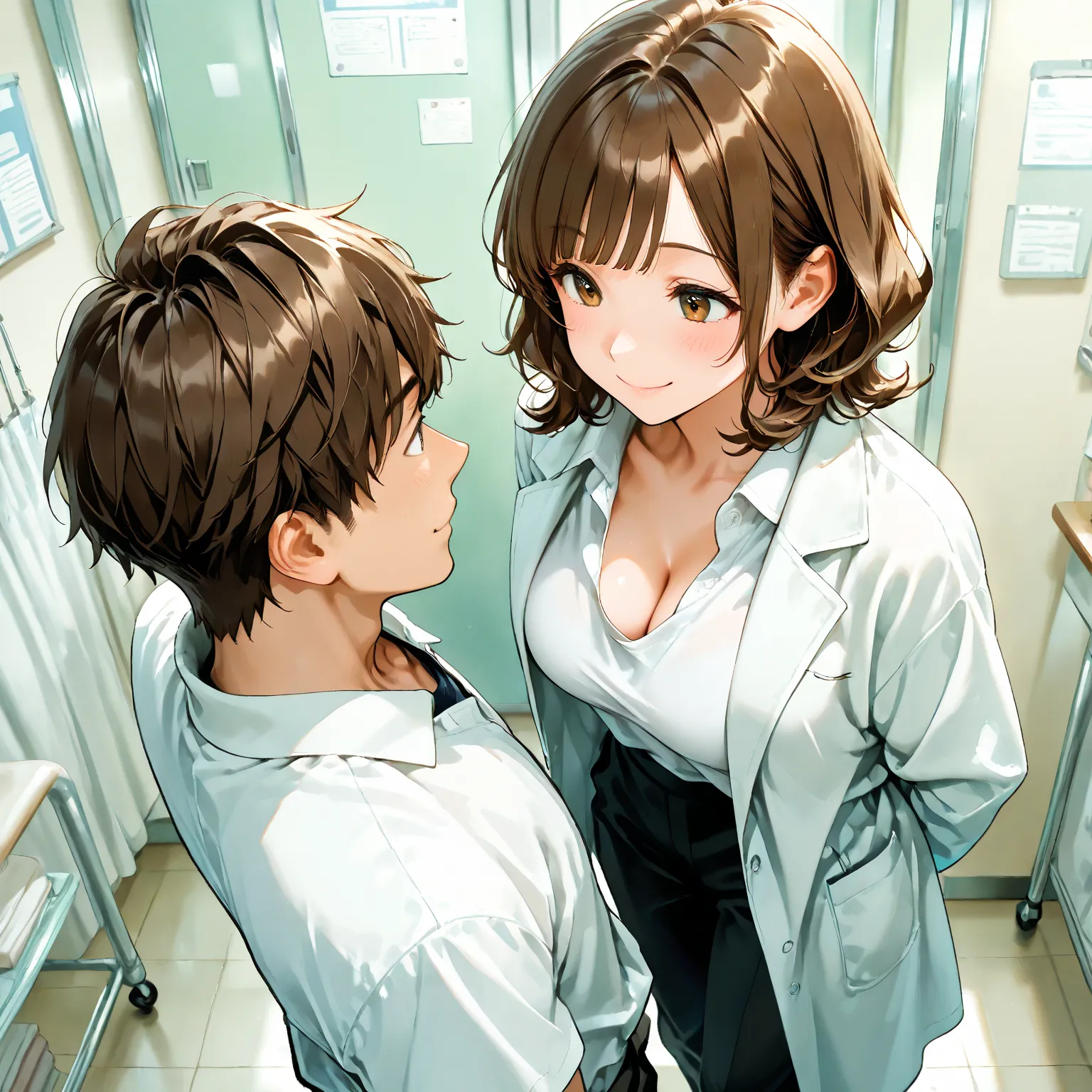 masterpiece,best quality,(1 woman+1 boy)(1 woman,30 years old, Pudgy Body,black pants, white t-Shirt,white coat),dark brown hair, short wave hair,(High school infirmary),from above,downblouse,(1 boy,black pants,Open-collar shirt)standing,smile,face to face...