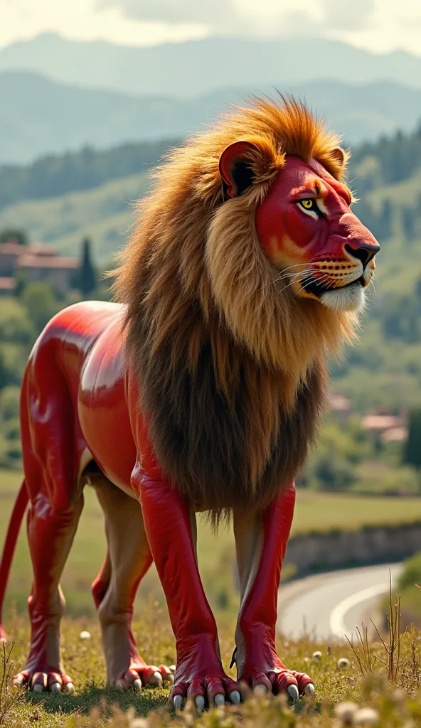 A majestic hybrid creature, fusing the power of a lion with the sleek design of a red Lamborghini, stands proudly in the rolling hills of the Italian countryside. The creature possesses the muscular body and flowing golden mane of a lion, but its head seam...