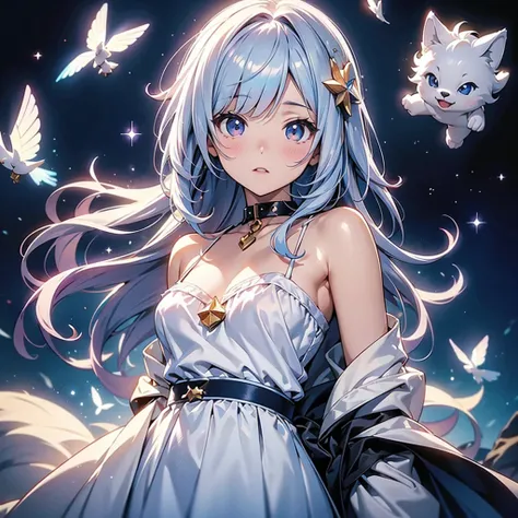 Star Fairy、best detail、score_9, score_8_up, score_7_up, score_6_up, score_5_up, rating_ are suspicious,  source_anime, hidden hair, portrait,  iridescent hair,  fringe , bare shoulders, upper body, Milky white and space inner hair color、 pretty face、Baby F...