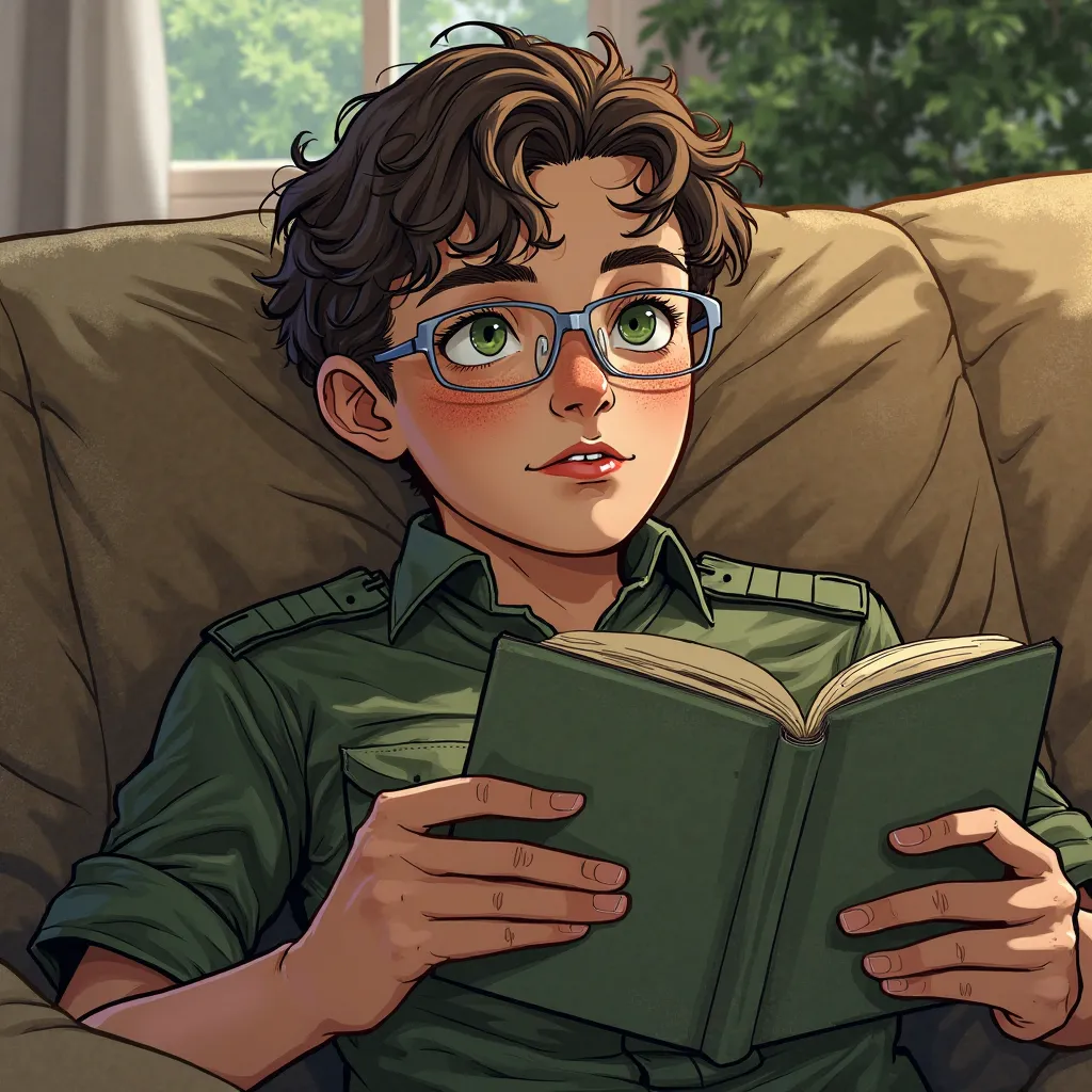 marvel comic panel, young man with short brown hair with messy curlers, round cheeks with freckles, green eyes, dressed in green military tactical uniform, Use narrow square-framed eyeglasses, half-lying on a couch holding a book in his hands, natural expr...