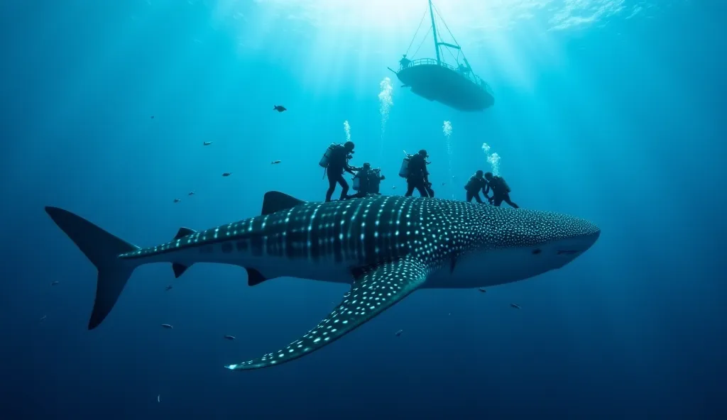 Underwater View:

"Beneath the surface, the whale shark drifts weakly, its enormous body covered in marine debris and infections. Tiny fish swim around it, sensing its weakness. A group of expert divers, dressed in specialized suits, carefully clean its bo...