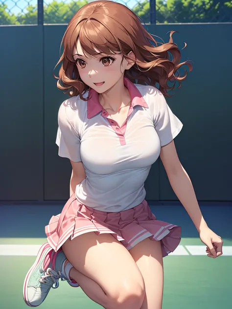 ((table top, top quality, High Resolution, NFFSW,  perfect pixel,  4K, NFFSW, NFFSW))), 1 girl,  single, alone, beautiful woman、  I saw my whole body 、 (( Short Wavy Hair , bungs, brown hair)), ((brown eyes,  beautiful eyelashes, realistic eyes)), ((detail...