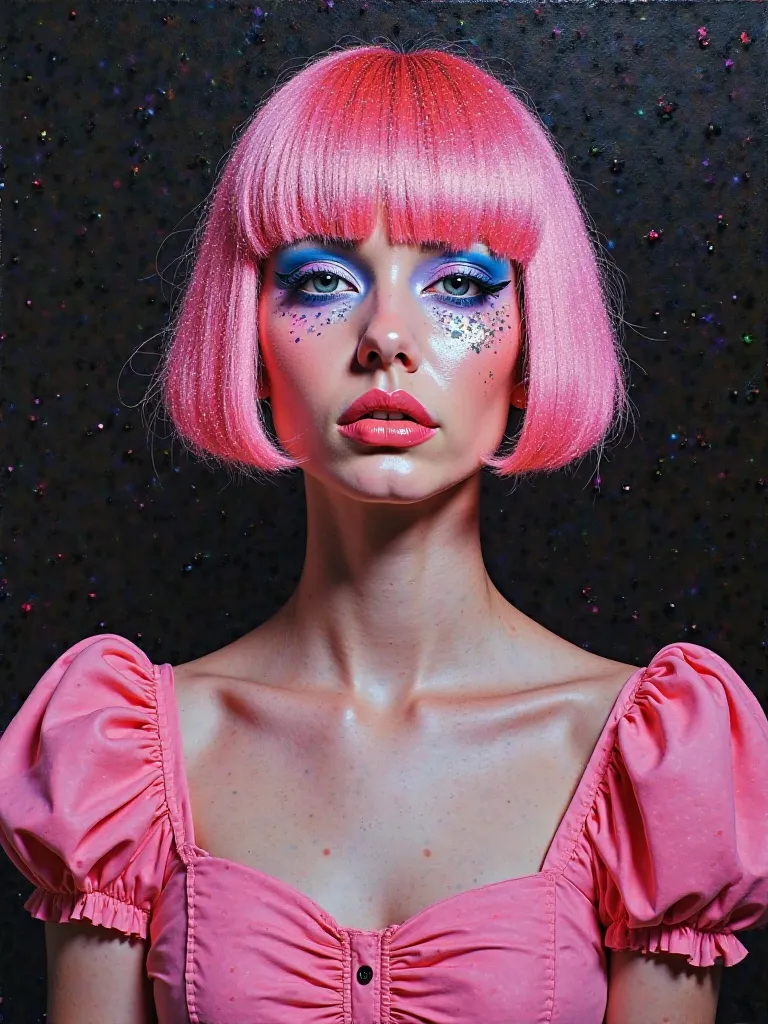 Dadaist style painting of a bust of a front woman in symmetry with short hair and straight cut with straight fringe of pink hair with glitter makeup in pink and blue, wearing a vintage pink dress with puffy sleeves,  black background with neon glitter in t...