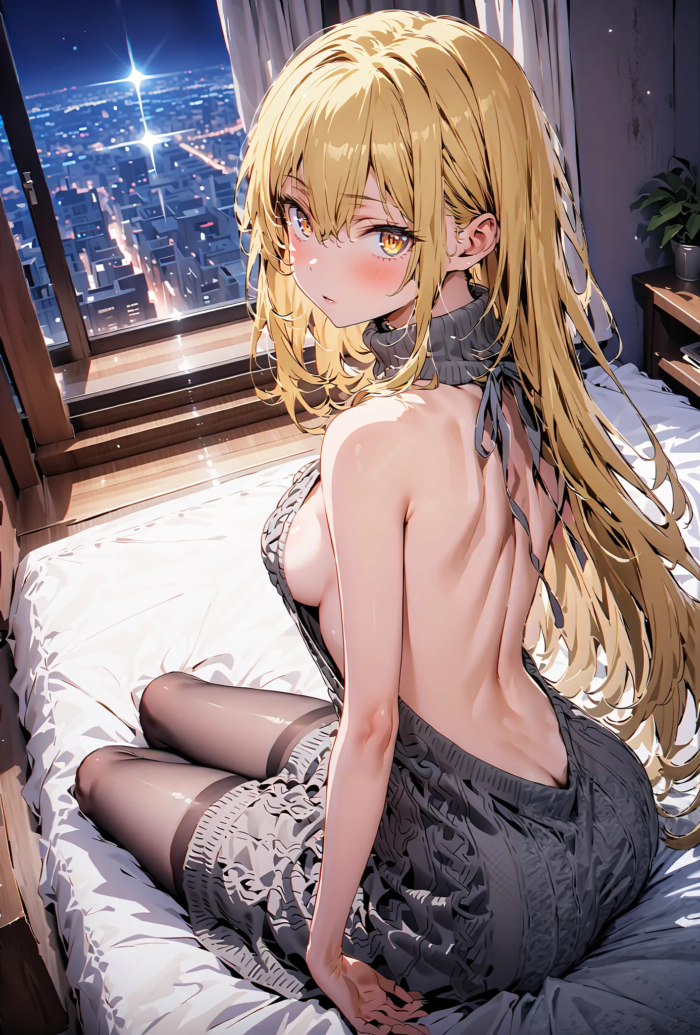 score_9, score_8_up, score_7_up,  source_anime,
Eyes Wallenstein, Eyes Wallenstein, blonde hair, hair between eyes, Hairband, long hair, yellow eyes, Medium breast,blush,
Virgin Killer Sweater, Naked Sweater, sweater dress, Open back clothing, turtleneck s...