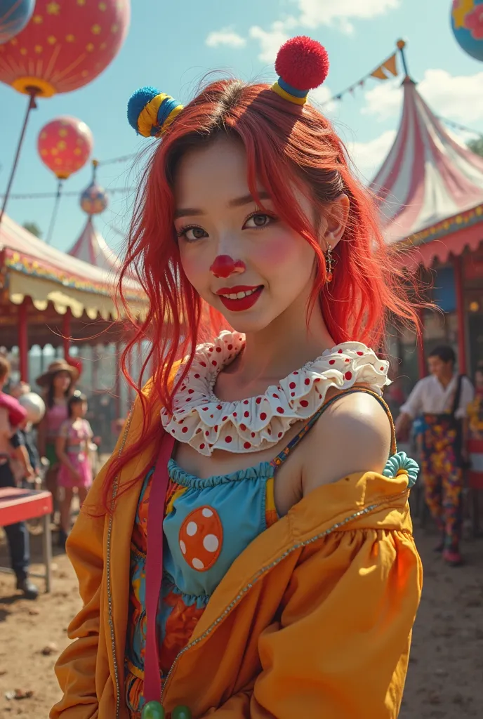 Chaewon Coreana de Lesserafim dressed as a clown in a circus