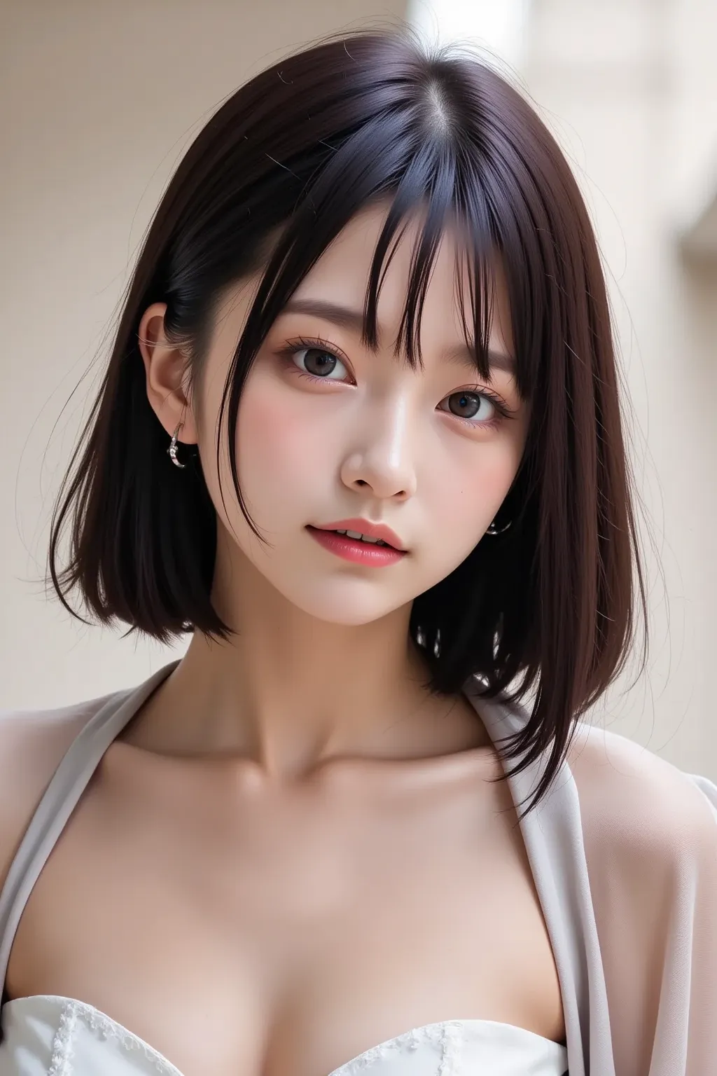 nsfw，  Ultra High Definition(8k),  Photorealistic, masterpiece ， very fine eyes, grey color contact lenses  、lips,face、 beauty 、princess、 princess、笑face，  you look so happy   ，  full body photo ，
  She's buckling over at her wedding ，Place one hand on top ...