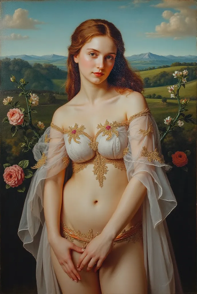 A painting drawn in the style of Raphael, a beautiful Caucasian woman with large breasts dressed in a transparent dress.