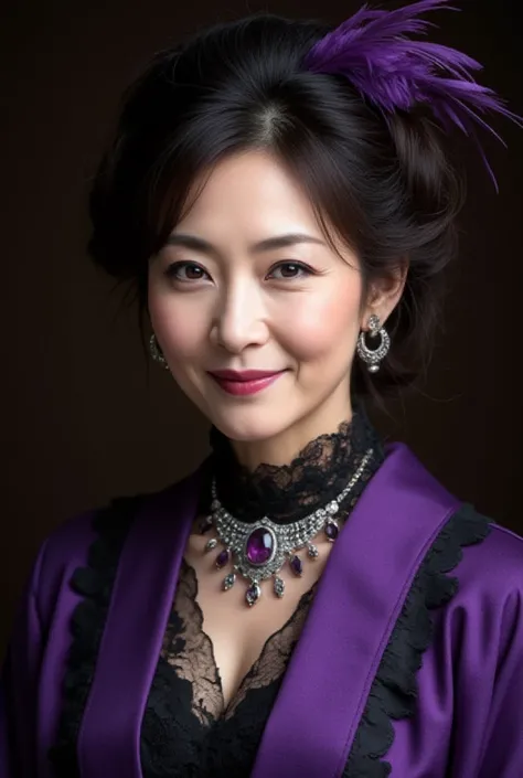 A close-up portrait of a captivating 50-year-old Japanese woman exuding "Taisho Roman" allure. She wears a striking deep purple kimono with black lace detailing and a high-collar Victorian-inspired blouse underneath. A feathered headpiece adds a dramatic W...