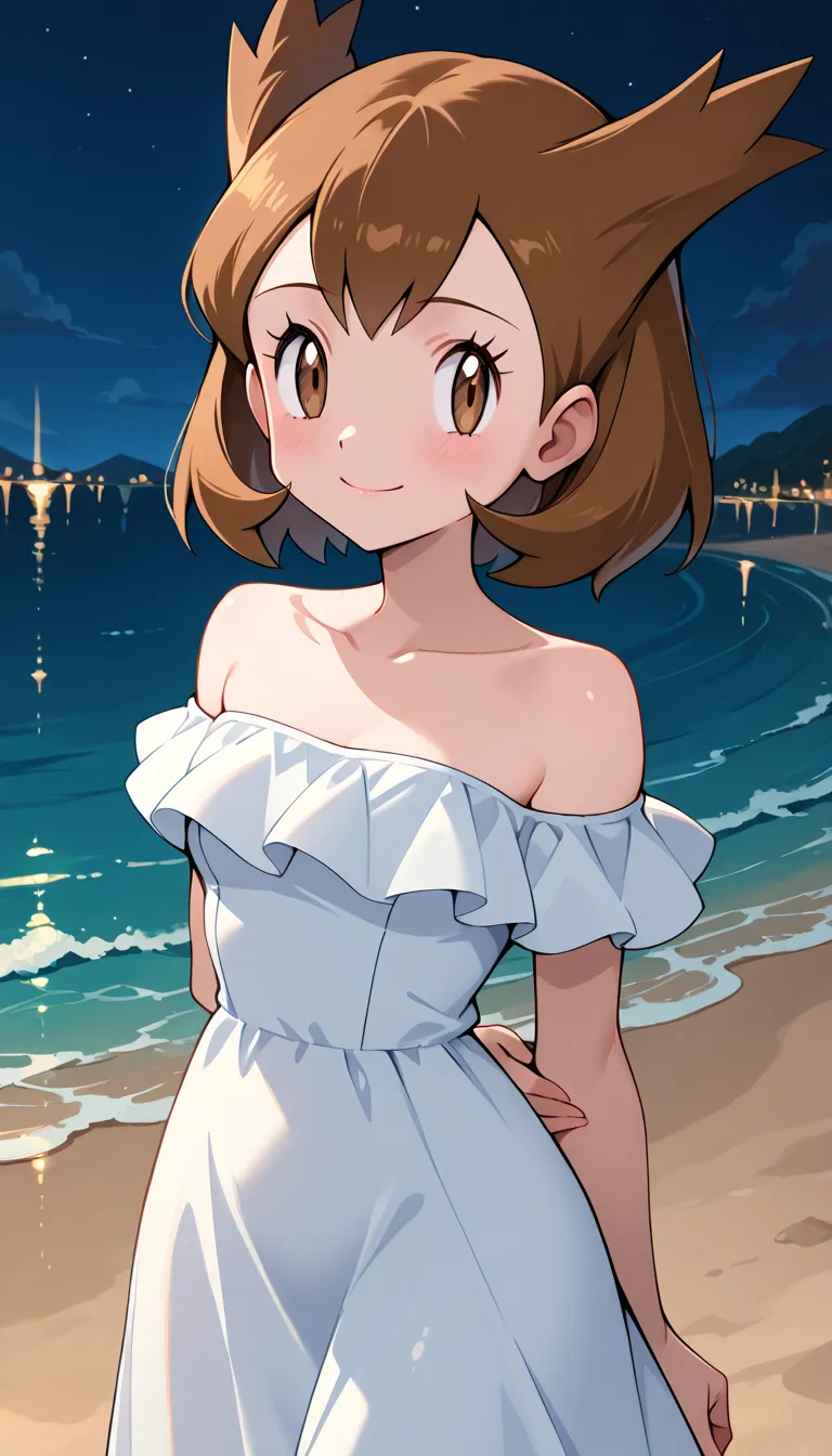 bianca, 1girl, solo, short hair, brown hair, Latias’ hairdo, brown eyes, bangs, eyelashes, strapless, bare shoulders, white ruffle off the shoulder maxi dress, long skirt, night, outdoor beach background, cowboy shot, Smile, PokemonStyle pokemon \(anime\)