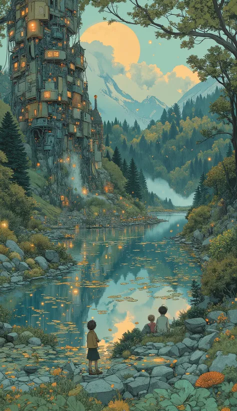 Studio Ghibli-inspired illustration, (soft painterly textures:1.2), (dreamy and warm color palette:1.3), hand-drawn fantasy city, cozy atmosphere, intricate rooftops, cobblestone streets, whimsical architecture, lush greenery, magical realism, soft golden ...