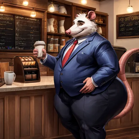 high resolution illustration, 4k, 1 adult, Fat male opossum dressed as a banker, has a huge butt,   fat arms and legs  , pants,  The opossum is standing inside a coffee shop , He is buying a medium cup of coffee and a chocolate donut.