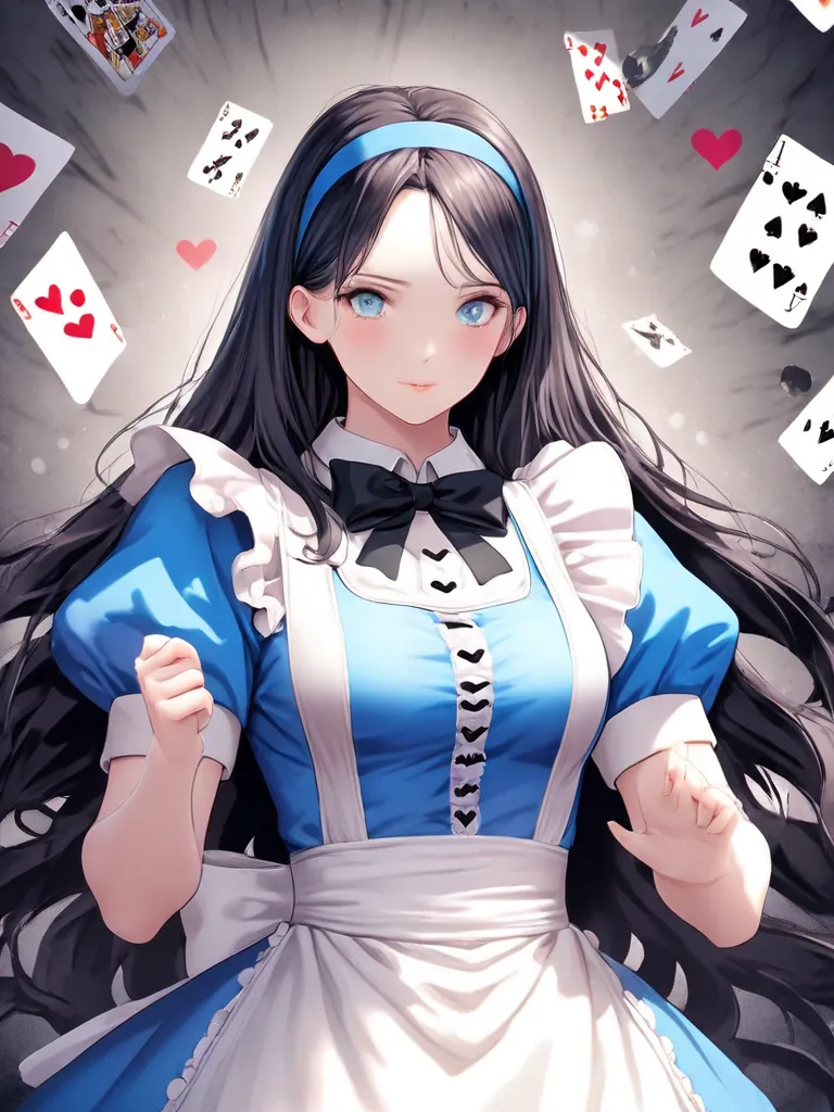 (Alice in Wonderland:1.2),  cute girl, background is clocks and playing cards labyrinth, Ultra High Definition, wearing a headband, Bust shot,