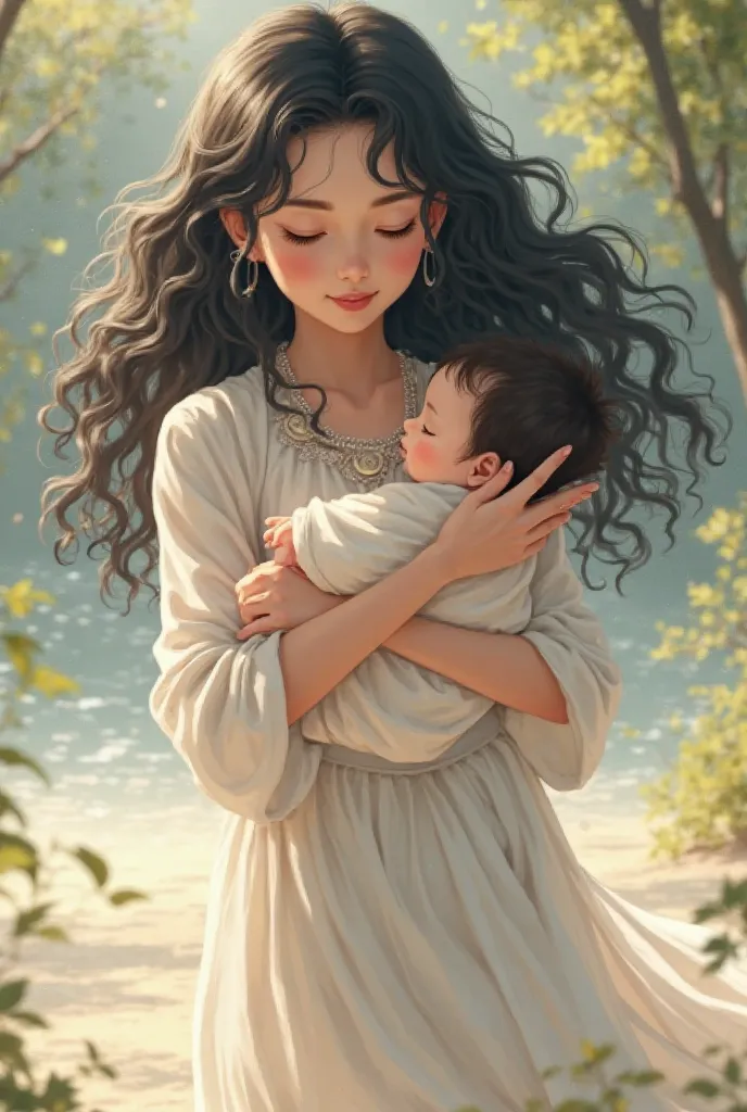 You have in Naruto Shippuden version of a girl with curly black hair up to her shoulders in a white dress carrying baby Naruto in her arms. The girl looks with peace at baby 