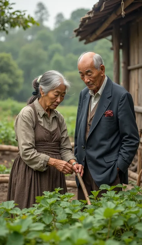 An Asian couple around the age of 60，Men in Suits，The woman is doing agricultural work，