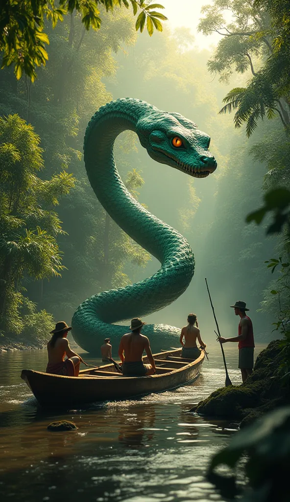 A gigantic, hyper-realistic serpent coiled around a wooden jungle riverboat, its shimmering emerald scales reflecting the golden light filtering through the dense rainforest canopy. Local fishermen and explorers cautiously observe the creature, some attemp...