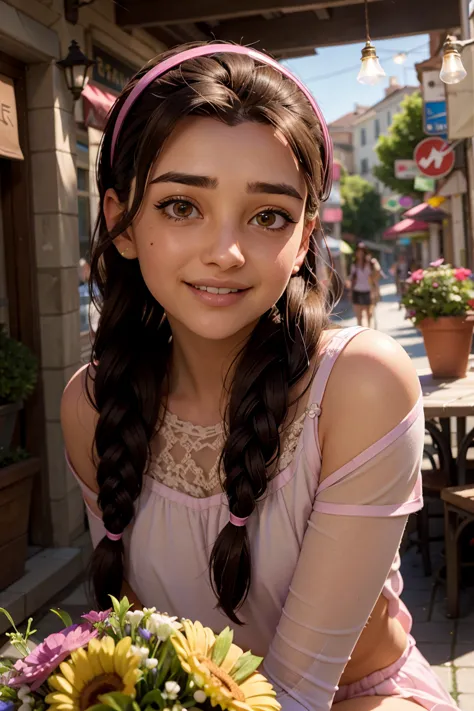 An impressive and intricate full color portrait, Ultra-HD a girl, brown hair with 2 braids, brown eyes, pink headband, detailed face, dressed in a red dress, no logos, epic character composition, alessio albi, nina masic, sharp focus, natural lighting, sub...