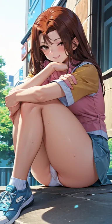  1 female,High Definition,high resolution, Ultra-realistic ,8K, serenidaddm ,long hair,brown hair,  pink shirt , gray eyes, blue sneakers ,( blue skirt), Skinny skirt  , mini fold,European,sexy,close up of the upper body,Photographed from the front, Dynami...