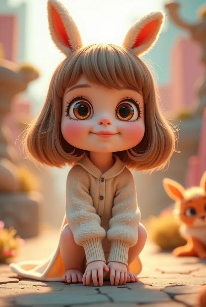 I want a character with bangs medium light brown hair, White and brown-eyed with the full body of an animated character 