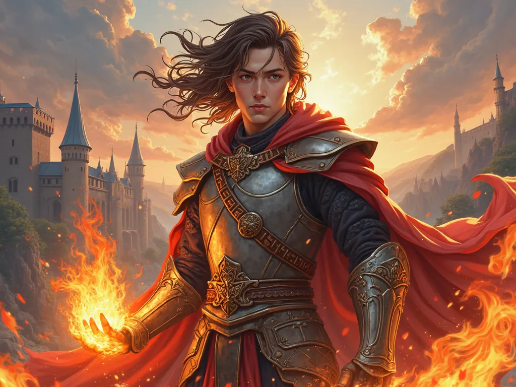 Warrior Young King Male Medium Brown Hair Flame-Power Realistic Medieval Anime Style 