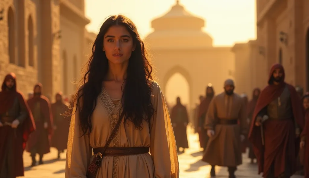 A young Jewish woman named Esther, of fair skin and long dark hair, wears simple clothes as she walks through the busy streets of the citadel of Susa. The golden sun illuminates the walls of the grand Persian palace in the background, where royal guards ca...