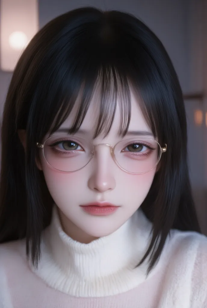 Create an image of a young female character with long, wavy black hair, wearing stylish round glasses. She has a soft, delicate face with rosy cheeks and dark eyes. The character is wearing a white sweater with a high collar. The background is slightly dim...