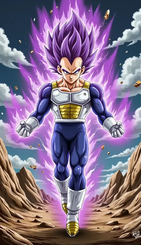 "Handsome Majin Vegeta walks. His muscular body is covered by a blue combat bodysuit. Furious sharp eyes. Erect purple hair, surrounded by a deep purple airflow with intense lightning flashes. Flying debris hovering around showing his overwhelming strength...