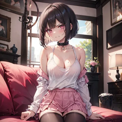 best quality, masterpiece, highres, High detail, 1 girl, solo, adult lady, slender, (((Blunt bob hair))), black hair, Sharp Eyes, Collar, grin, ((angry)), breasts, look down, (sweat), pink Casual clothes, Lower hands, living room, long Sofa