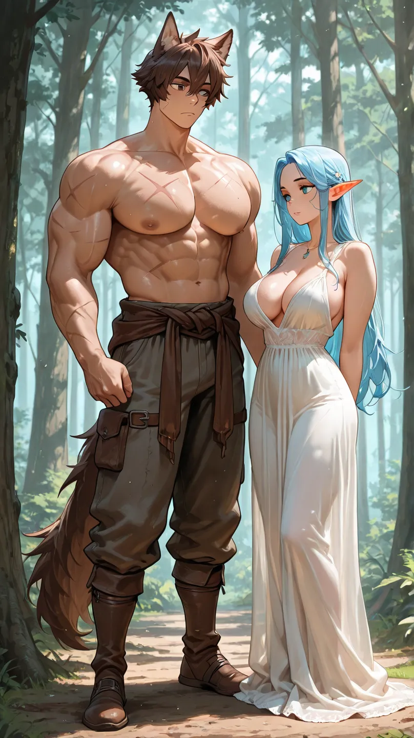 Masterpiece), best quality, 1 girl, 1 boy , muscular, young, Shirtless boy, big pectoral,huge body, brown hair boy ,French Crop hair,scar, short hair boy, full body , wolf ear boy, boobs , long hair girl, tall girl , forest, tree, elf girl , blue hair girl...