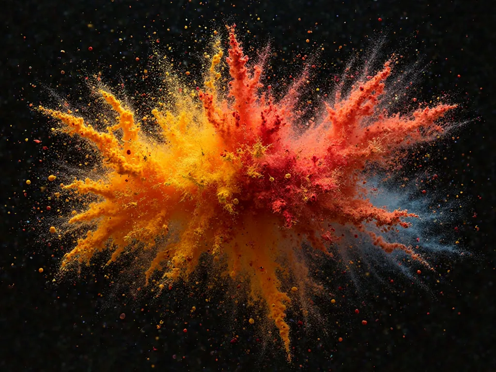 A stunning wave of multicolored spice powders captured in mid-air, with each granule visible against a deep black background, creating a sense of movement and depth.