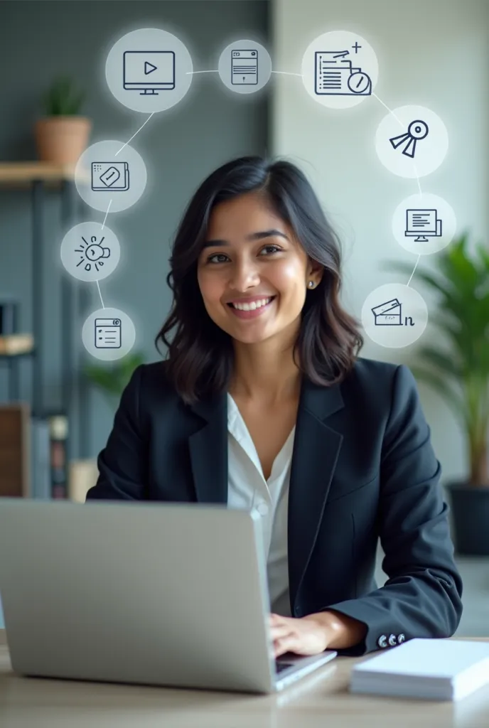 A professional young Bangali woman in a business suit sitting at a desk with a laptop, smiling confidently. The background is a modern, minimalistic office with plants and decorations. Floating digital icons related to web development, such as coding symbo...