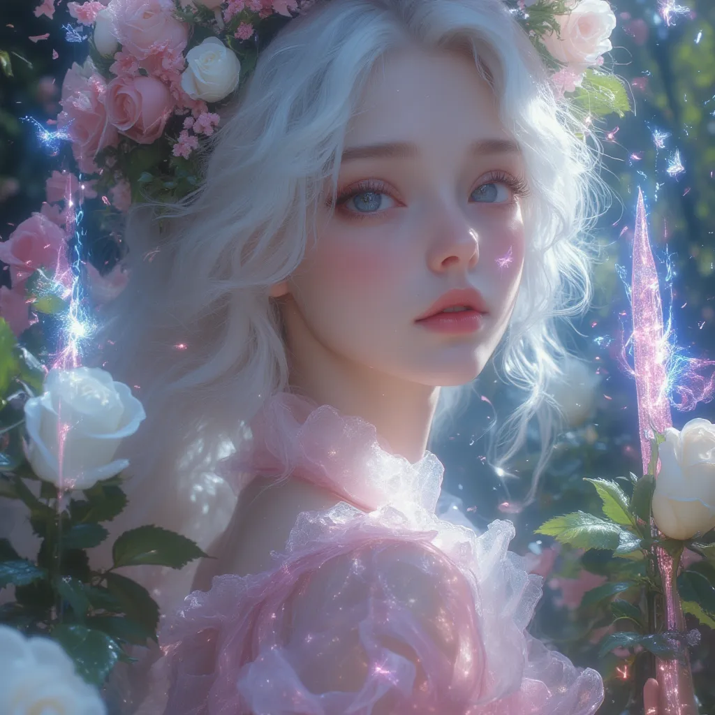 Show me the most beautiful girl in the world, white hair , blue eyes, pink dress , white rose , petals, flower garden, butterfly knife, flower crown