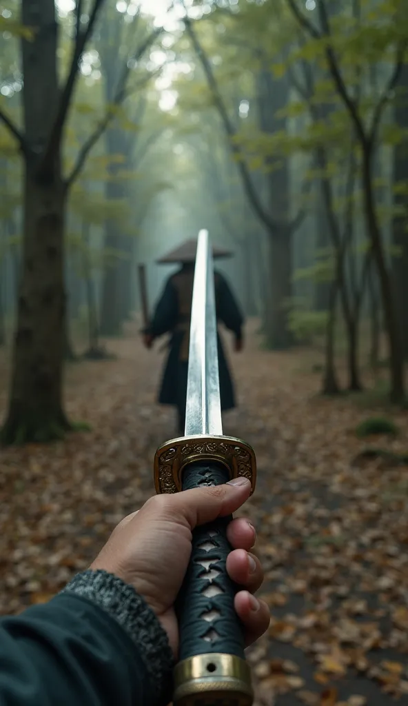 An ultra-realistic point-of-view (throw) image, capturing the first-person perspective of a [  samurai com katana na mao").} in a em uma flresta de bambu.] as if it were a video game in first-person view. The character's hands and part of the body are visi...