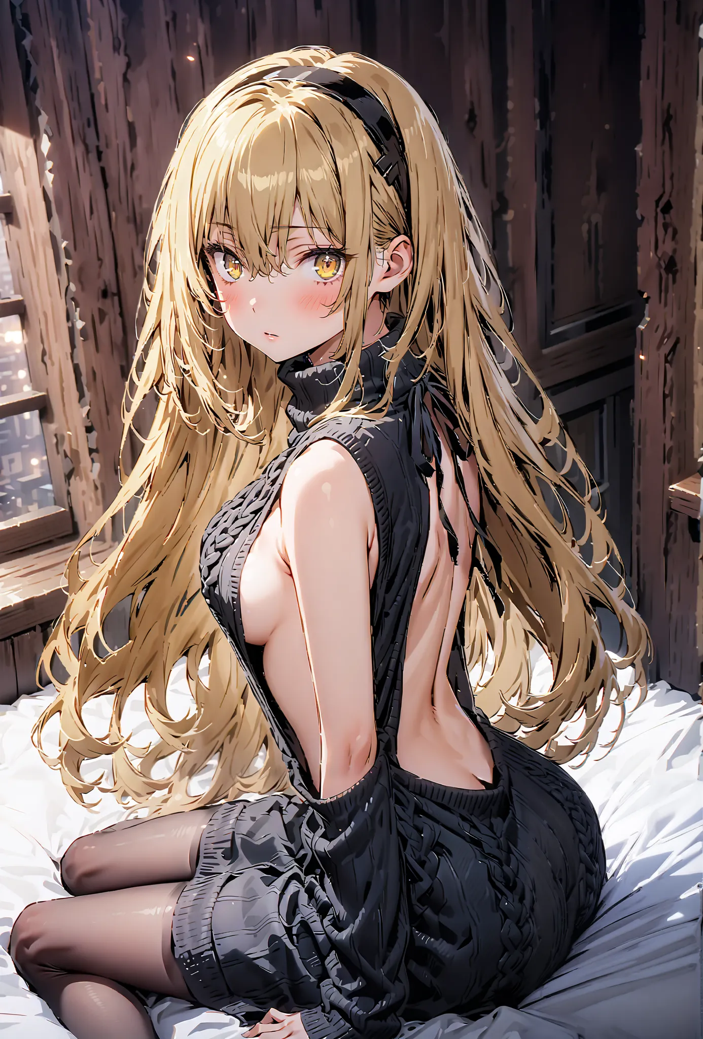 score_9, score_8_up, score_7_up,  source_anime,
Eyes Wallenstein, Eyes Wallenstein, blonde hair, hair between eyes, Hairband, long hair, yellow eyes, Medium breast,blush,
Virgin Killer Sweater, Naked Sweater, sweater dress, Open back clothing, turtleneck s...