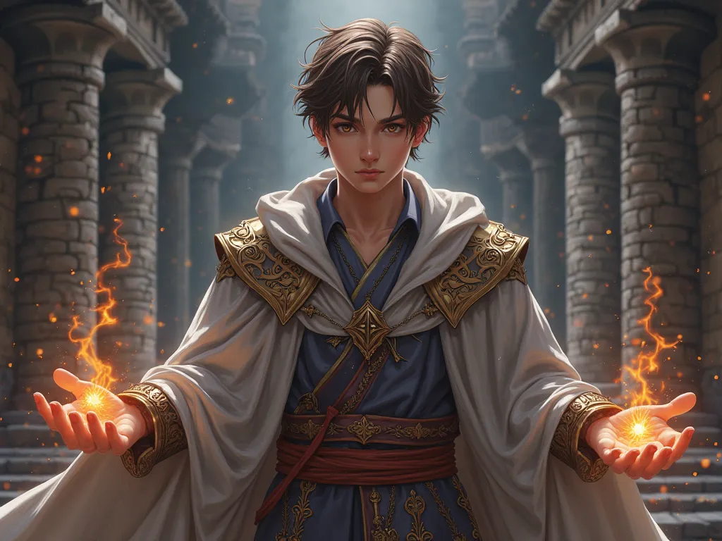 Warrior Young Prince man short brown-haired magic power realistic medieval anime style 