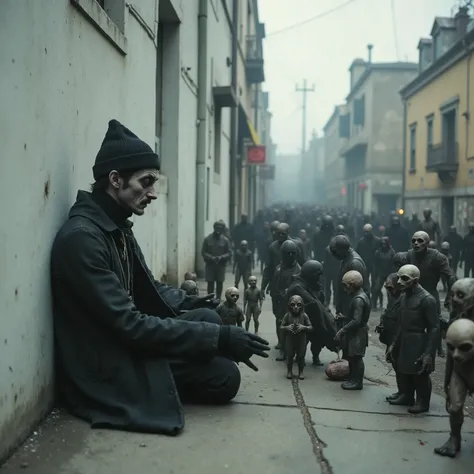 Horror, surreal art, . *** Psycho Verde wears a black beanie, all black dickies clothes and has a mustache and goatee. A small crucifix necklace is always around his neck. He lives on the streets and is a schizophrenic who sees things others don't s...