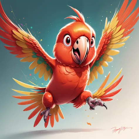 A super cute 2D digital illustration of a male red parrot in a cartoon style, bursting with happiness. The parrot has large, sparkling eyes filled with excitement and joy, along with a wide, beaming smile that radiates positivity. His vibrant red feathers ...