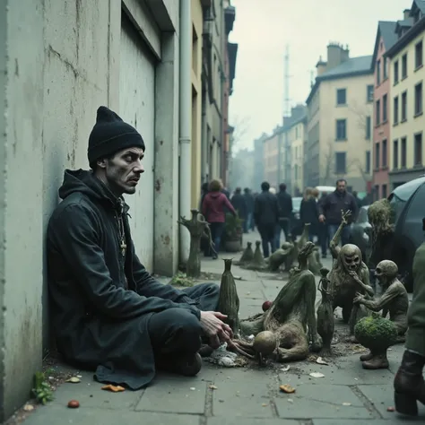 Horror, surreal art, . *** Psycho Verde wears a black beanie, all black dickies clothes and has a mustache and goatee. A small crucifix necklace is always around his neck. He lives on the streets and is a schizophrenic who sees things others don't s...