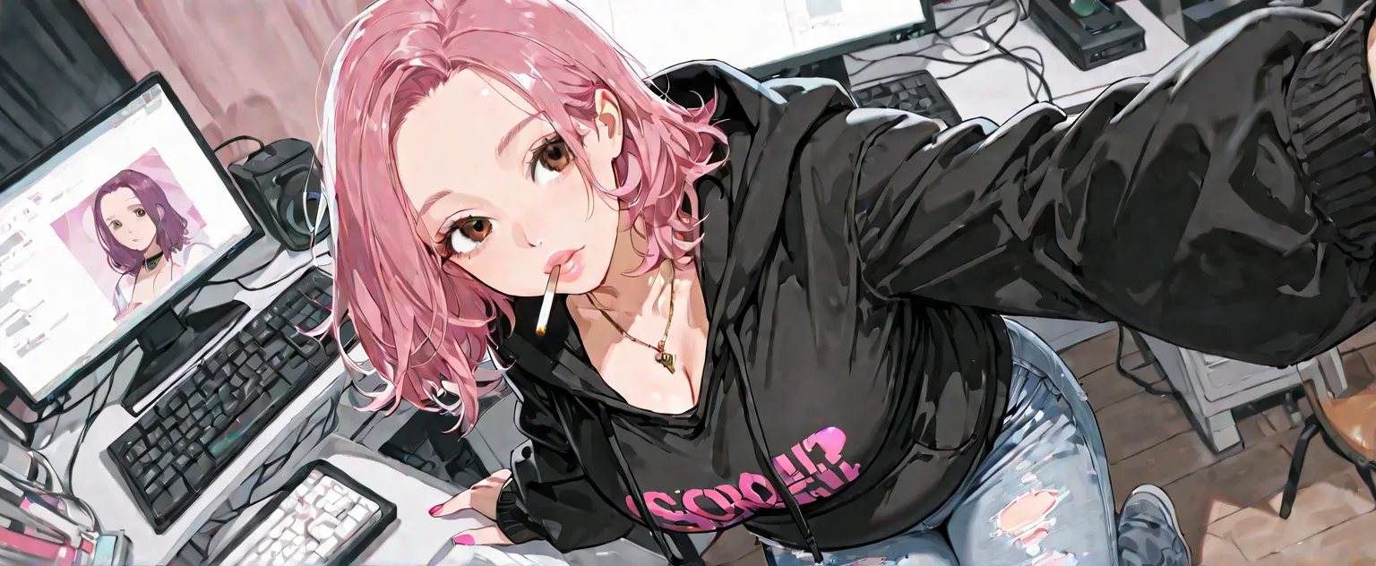 score_9, score_8_up, score_7_up, score_6_up, score_5_up, score_4_up, 4k, 8k, black oversized hoodie, 1girl, ((black)) oversized hoodie, [pink hair:purple hair:0.9], medium hair, forehead, round face, black oversized hoodie, chubby, busty, necklace, brown e...