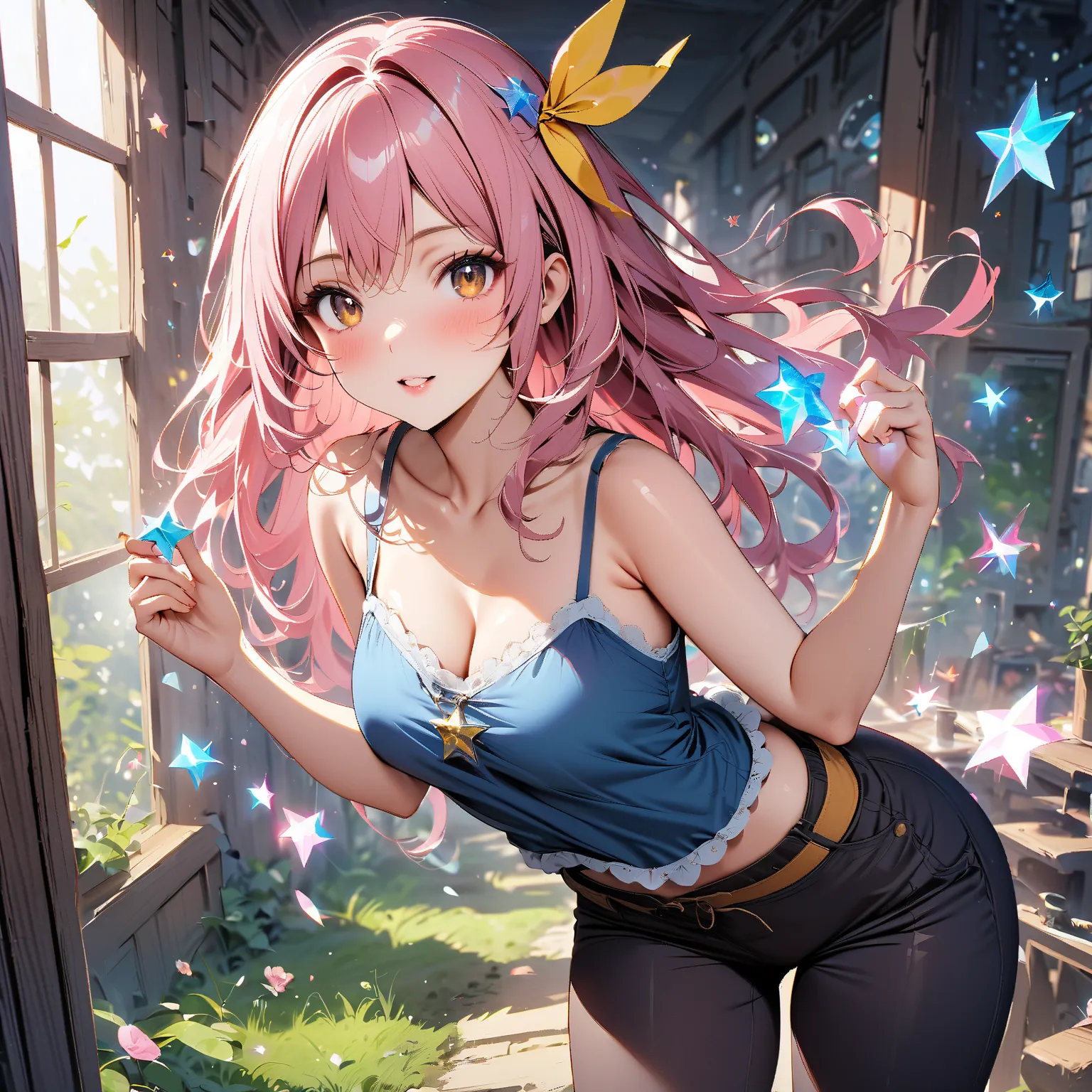  one mature woman、yellow ribbon headband、pink hair blue star face makeup、Fairies fly around、Brown Eyes、camisole、Tap Pants、Holding a star-shaped candy、With an enchanted face、High Resolution, masterpiece, accurate, 