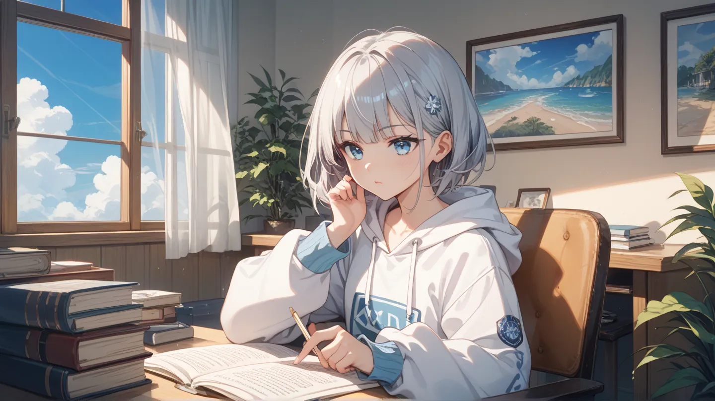 Silver hair short、Light blue accents in the hair、Bright blue eyes、wearing a white hoodie、At my desk in my room、Sitting on a chair and reading a novel in one hand、It has a serious expression。Time is night、I can see the starry sky from the window。Draw an ani...